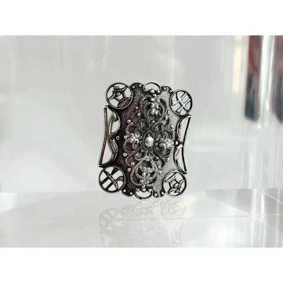 Silver Tone Filigree German Made Beaded Textured Design Vintage Scarf Clip - Picture 5 of 10